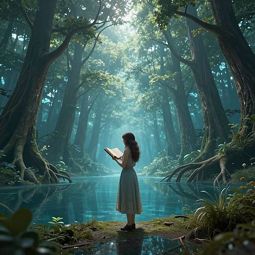 Digital artwork of a girl with long hair, wearing a white dress, standing by a tranquil forest stream, reading a book, surrounded by towering trees and