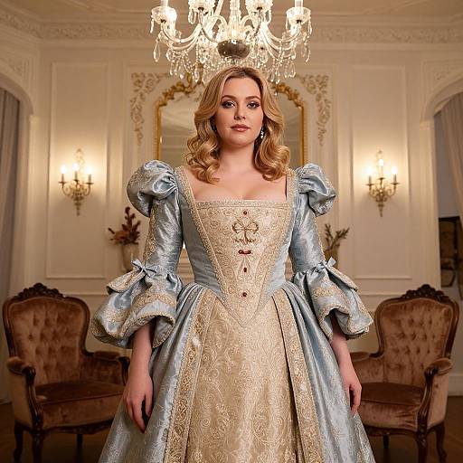 Photograph of a blonde woman in an ornate, light blue, Renaissance-style dress with gold embroidery, standing in an elegant, chandelier-lit