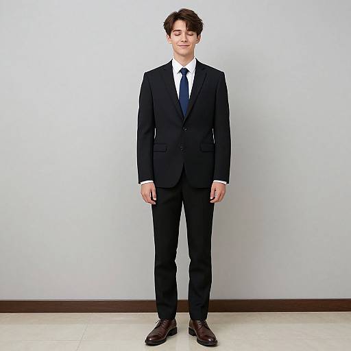 Photograph of a young Caucasian man with wavy brown hair, wearing a black suit, white shirt, and black tie, standing against a plain white