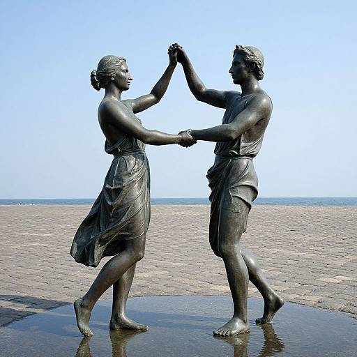 Photograph of two bronze statues of classical-style women dancing on a wet beach, holding hands, against a clear blue sky.