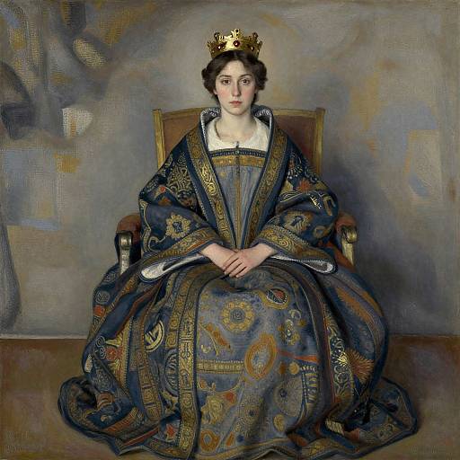 Painting of a regal woman with fair skin, wearing an ornate blue and gold patterned gown and gold crown, seated on a wooden chair