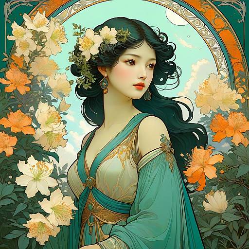 Art Nouveau Woman in Azalea Garden