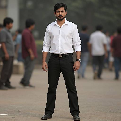 Photograph of a serious, bearded man with dark hair, wearing a white shirt, black pants, and a belt, standing in a busy outdoor