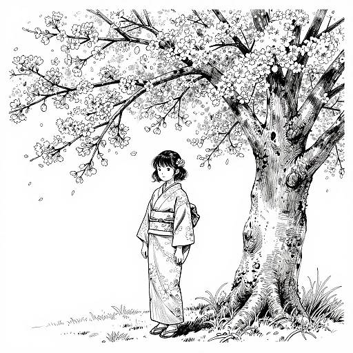 Monochrome ink drawing of a young Japanese woman in a kimono standing under a blooming cherry blossom tree with detailed branches.