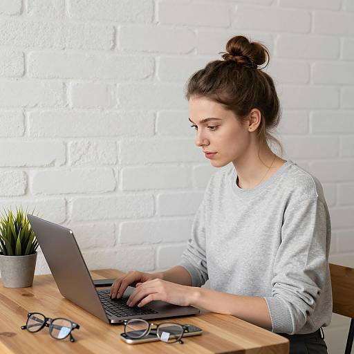 Young Woman Working on Laptop at Wooden Table