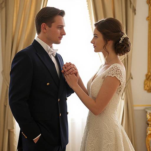Photograph of a bride and groom in an elegant room, standing close, holding hands, groom in navy suit, bride in lace wedding dress, soft