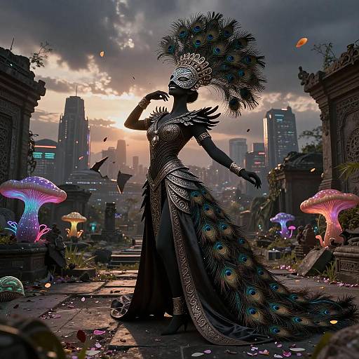 Ebony Cyber-Peacock in Ruined Courtyard
