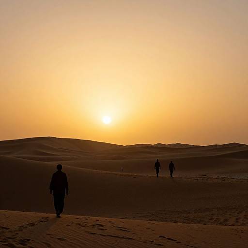 Photograph of three silhouetted figures walking in a vast, sandy desert during a vibrant, golden sunset with smooth, rolling dunes.
