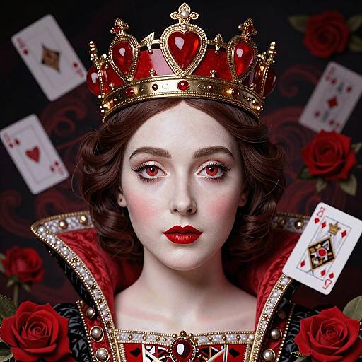 Digital portrait of a pale-skinned, red-lipstick-wearing woman with red eyes, wearing a gold and red crown, black and red reg