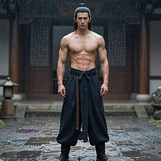Photograph of a muscular, shirtless Asian man with long black hair in a topknot, wearing black hakama pants, standing in a rainy