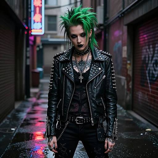 Gothic punk man with neon green spiky hair, black leather jacket, and dark makeup, stands in a rainy, neon-lit alley.