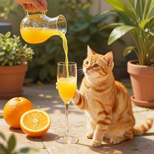 Tabby Cat with Dripping Orange Juice