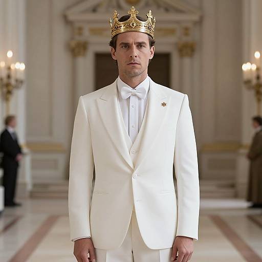Photograph of a serious-looking man in a white tuxedo and golden crown, standing in an opulent, ornately decorated hall.