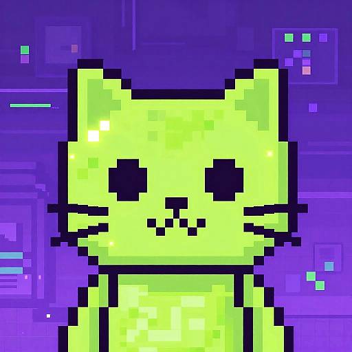 Pixel art of a bright yellow, pixelated cat with black eyes and mouth, set against a purple, digital background with neon squares.