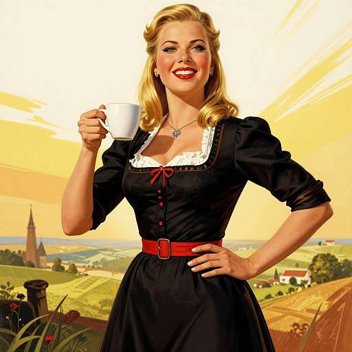Blonde woman with red lipstick, black dress, white lace trim, red belt, holding white mug, smiling, sunny countryside background.