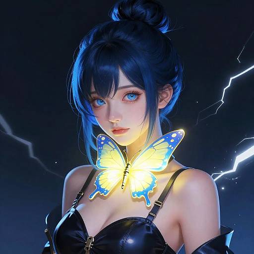 Neon Glow: Blue-Haired Butterfly Muse