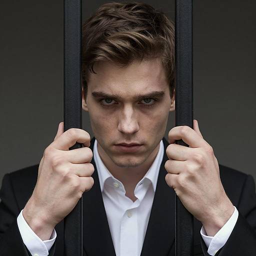 Intense Young Man Behind Metal Bars