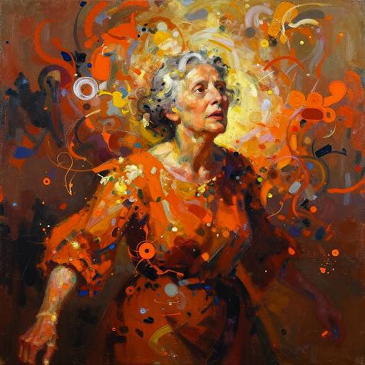 Abstract expressionist painting of an elderly woman with flowing white hair, radiant orange and yellow swirling around her, wearing a dark orange dress. Bright, dynamic