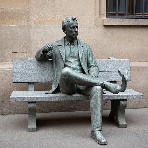 Photograph of a bronze statue of a seated man in a suit, holding a cane, on a grey bench against a beige stone wall.