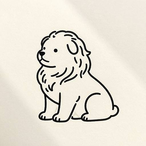Black line drawing of a sitting, smiling dog with a fluffy coat, simple and cartoon-like style, on a white background.