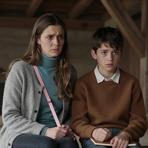 Concerned Woman and Boy Sitting Together