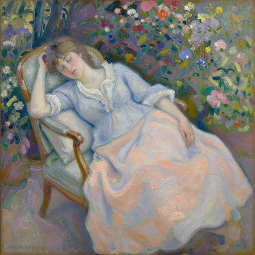 Impressionist painting of a sleeping woman in a blue and pink dress, nestled in a chair surrounded by colorful flowers.