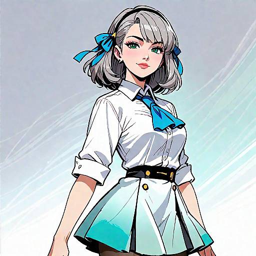 Anime Girl with Blue Ribbon and Grey Hair