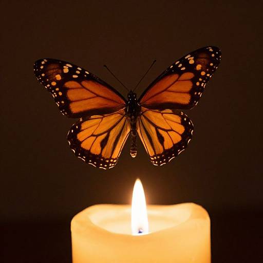 Photograph of a vibrant orange and black monarch butterfly perched on a glowing candle, illuminated by the candle's warm light.