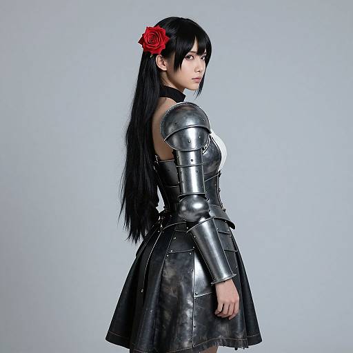 Photograph of an East Asian woman with long black hair, red rose hairpin, wearing shiny black medieval armor, standing against a plain light gray background