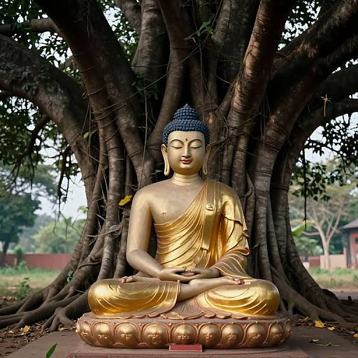 Photograph of a serene golden Buddha statue with blue hair, sitting cross-legged under a large, textured tree with thick branches.