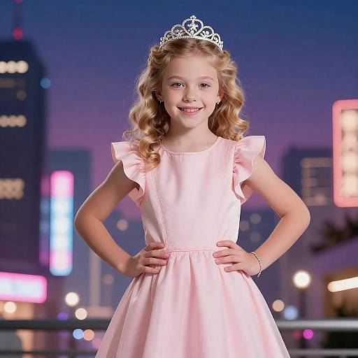 Whimsical Nighttime Cityscape with Girl