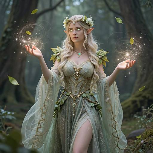 Digital fantasy artwork of an elf woman with long blonde hair, glowing green eyes, and a green leafy dress, creating sparkling light with outstretched