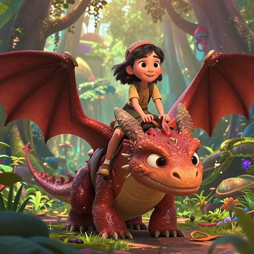 CGI image of a smiling young girl with black hair riding a red, friendly-looking dragon in a vibrant, sunlit forest.