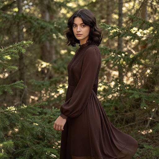 Photograph of a young woman with medium skin tone, black wavy hair, wearing a black, long-sleeve, lace-trimmed dress