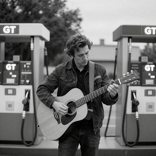 Man Playing Guitar Among Gas Pumps
