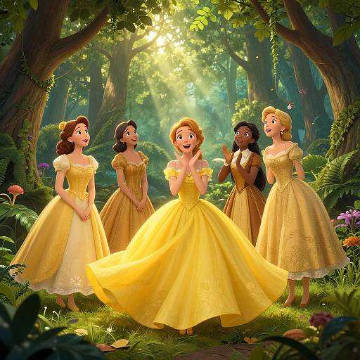 Digital illustration of five animated princesses in yellow ball gowns, standing in a sunlit, enchanted forest, smiling and holding hands.