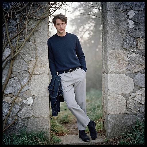 Photograph of a serious, fair-skinned man with dark hair, wearing a black sweater, light gray pants, and black boots, leaning against a