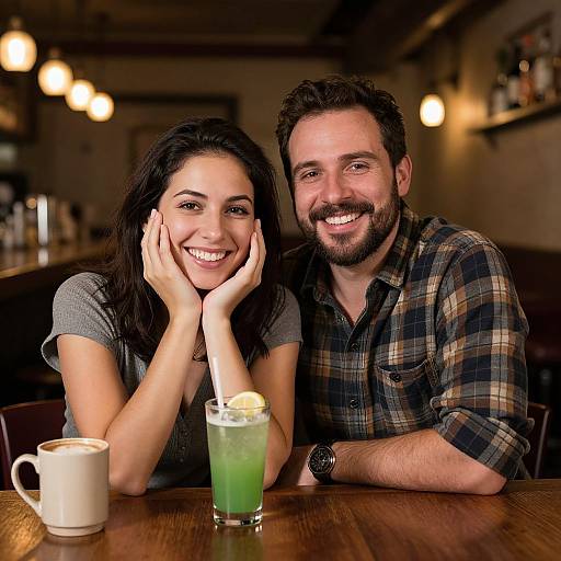 Photograph of a smiling couple, woman with dark hair, man with beard, plaid shirt, sitting at a wooden bar, green drink with lemon
