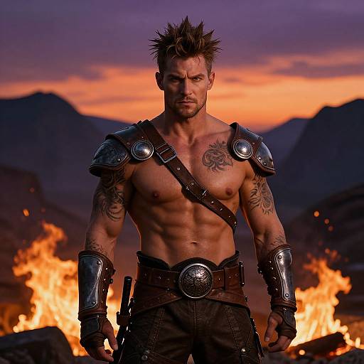 Muscular, tattooed man with spiked hair, wearing armor and leather, stands before fiery mountains at sunset, intense expression, photorealistic CGI.