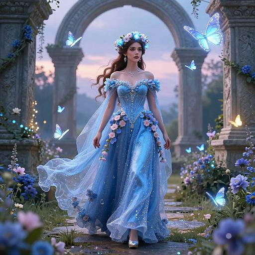 Fantastical digital painting of a fairytale princess in a flowing blue gown, floral crown, surrounded by glowing butterflies, archway, twilight sky
