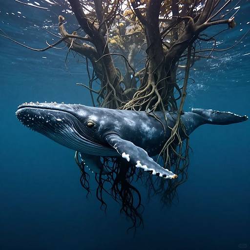 Photograph of a massive humpback whale with tangled roots and branches above, swimming underwater in deep blue ocean.
