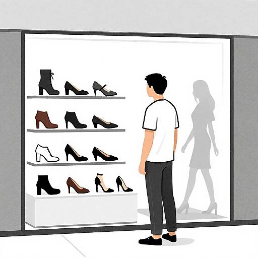 Digital illustration of a man in a white shirt and black pants, standing in front of a brightly lit shoe display, viewing various high-heeled shoes in