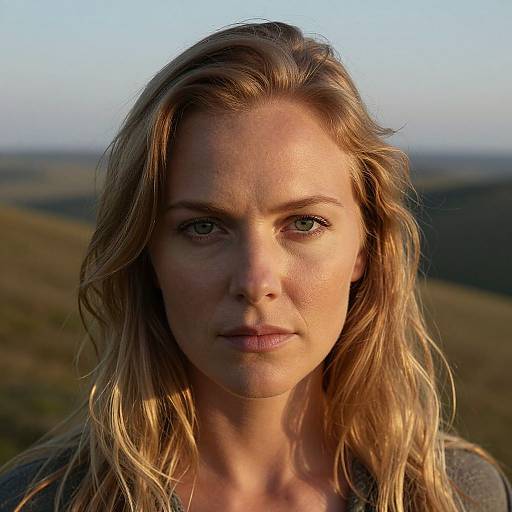 Close-up photograph of a serious-looking blonde woman with wavy hair, blue eyes, and fair skin, set against a blurred, sunlit landscape.