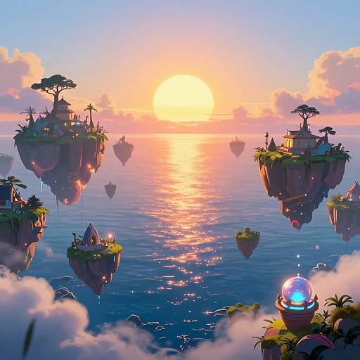 Digital fantasy artwork: Floating islands with trees and structures, glowing sunset over a shimmering ocean, and a glowing orb in the foreground.
