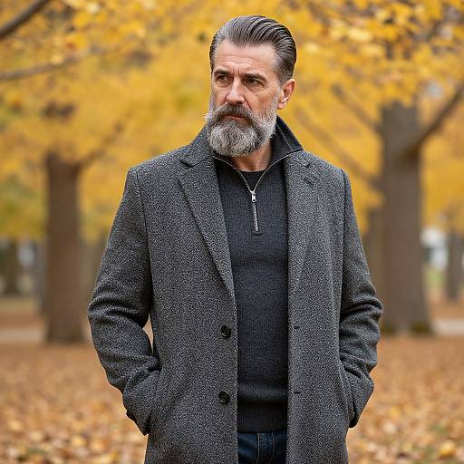 Photograph of a middle-aged man with a grey beard, wearing a black sweater and grey wool coat, standing in an autumn park with yellow leaves.