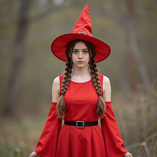 Young woman in a red witch costume with braided hair and pointed hat, standing in a forest; photograph.