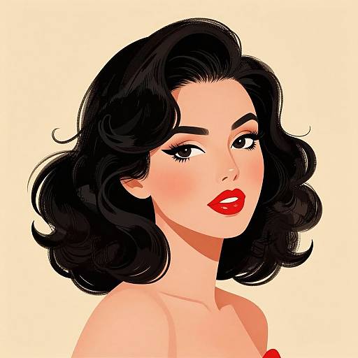 Digital illustration of a fair-skinned woman with black, wavy hair, red lipstick, and black eyeliner, against a beige background.