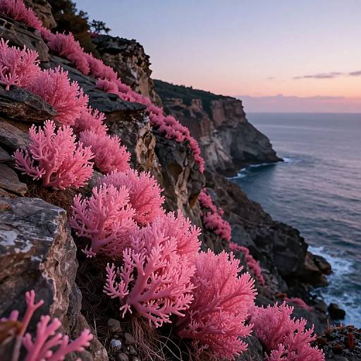 Glowing Pink Coral Plants on Cliffside