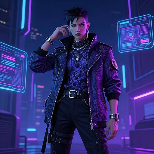 Cyberpunk male with spiked black hair, wearing a detailed black leather jacket, chains, and neon-lit cityscape background. Digital art style.