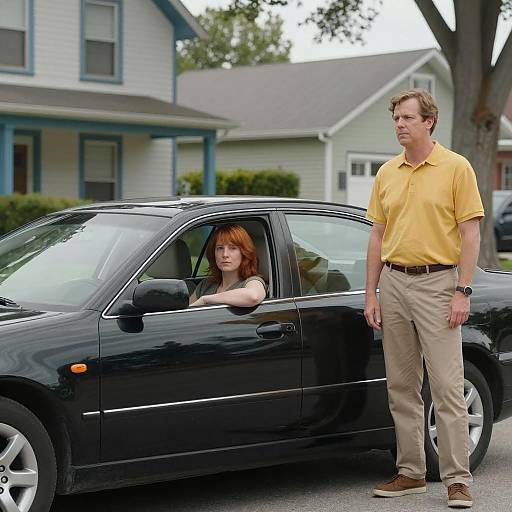Man Standing Beside Black Sedan with Woman Inside